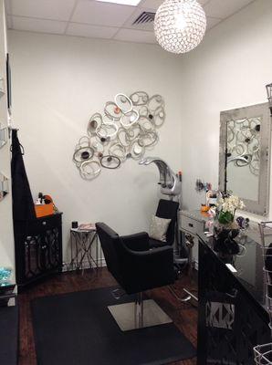 My salon is two rooms one for color and the other for cutting very small and intimate and very modern!!!