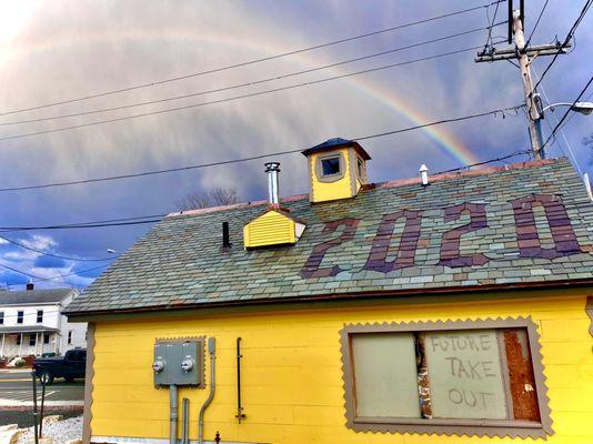 Rainbow over flying church coffee