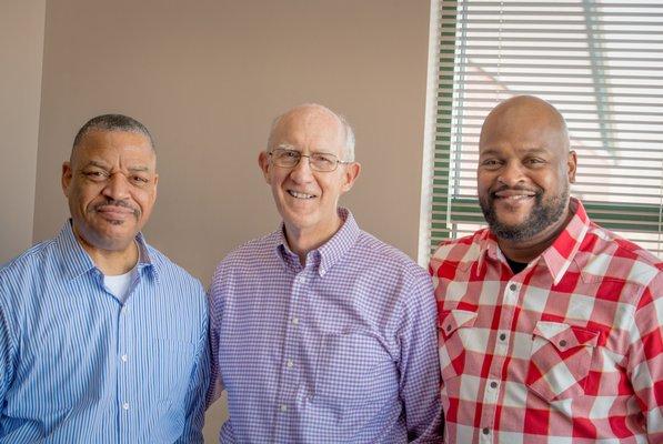 Associate Pastor Duane Washington, Retired Pastor John Simpson (pastoral care minister), and Head Pastor Corey McDonad