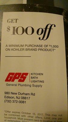 $100 off $1,000 Kohler purchase