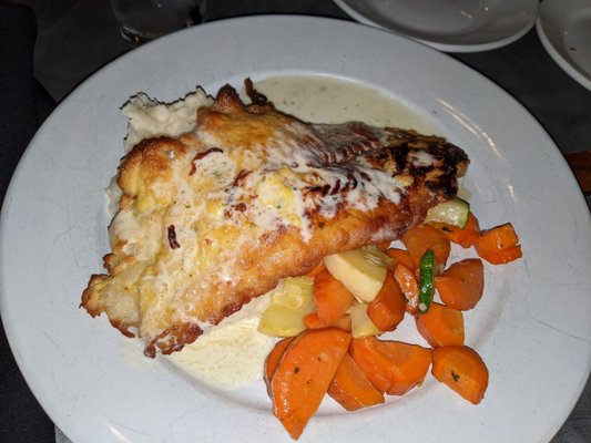 Flounder Francaise w veggies and parmesan mashed potatoes