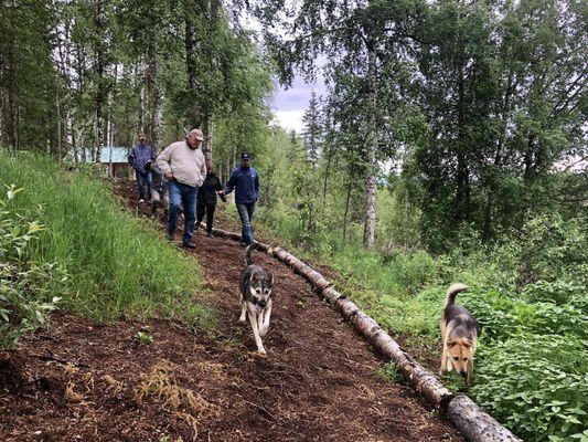 We turn the dogs loose after every run for some playtime! They usually follow us as we take a nature walk to our pavilion with a Denali view