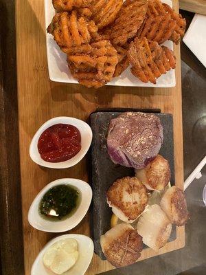 4 oz filet and scallops, side of sweet potato fries.