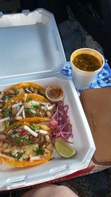 Birria Tacos comes with broth to dip taco into