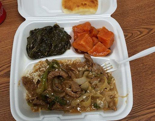 Beef Tips and Rice, Yams & Turnip Greens