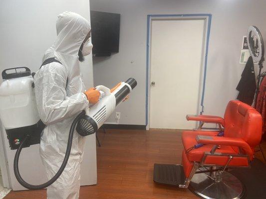 Electrostatic spray cleaning kills are germs ceiling to floor