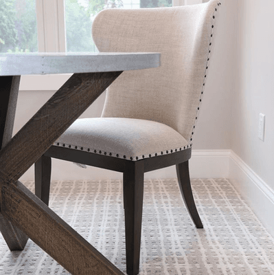 High style patterned carpet, basket weave like, fits beautifully in this home office space.