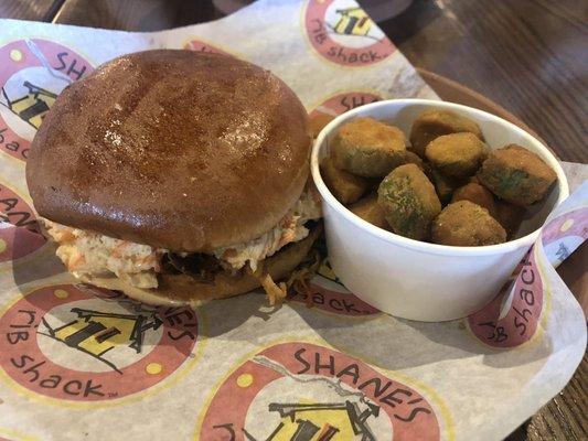 SMOTHERED PORK SANDWICH with FRIED OKRA