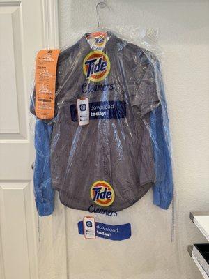 Picked up my two blouses after dry cleaning hung on wire hangers in clear plastic covering with receipt stapled $8.09 each