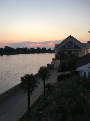 View from the bar looking over the river at dusk