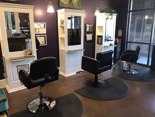 New front area of salon with open concept stations