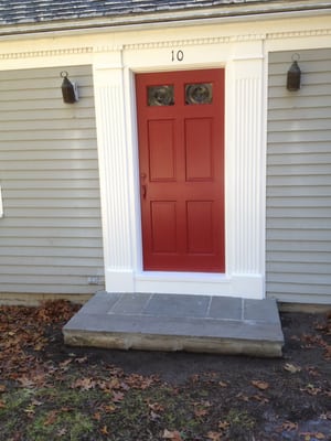 Hingham Front Entryway Pad And TrimWork All Wood Replaced With PVC Custom Fluted Columns and Scrubbed and Refinished Pad After