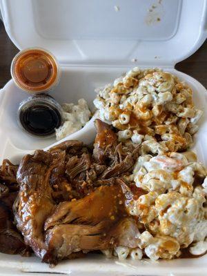 Small Plate- Teriyaki chicken with double mac salad and lava and teriyaki drizzle