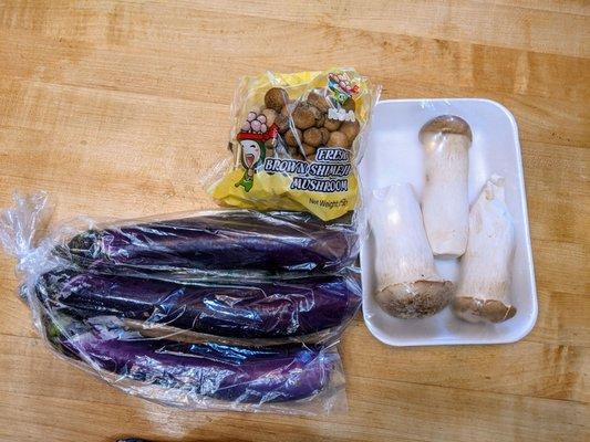 Chinese eggplant and different types of mushrooms