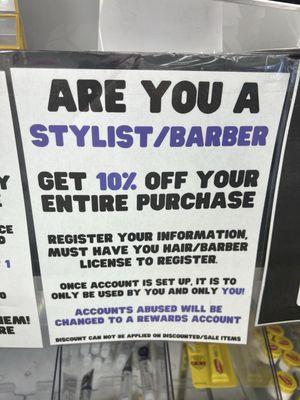 Stylist/Barber 10% discount offered.