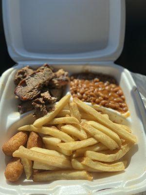 Brisket, Beans, Hushpuppies, Fries