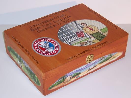 'Eagle Scout Memory Box' Hand painted on a wood hinged box. Personalized and inscribed inside. www.misguideddesigns.com