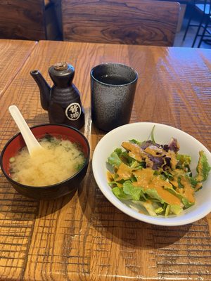 Miso soup, ginger salad, & hot tea