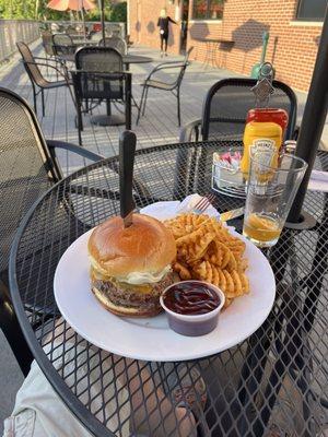 Cheddar cheese bacon burger with grilled onions and barbecue sauce. Nom nom