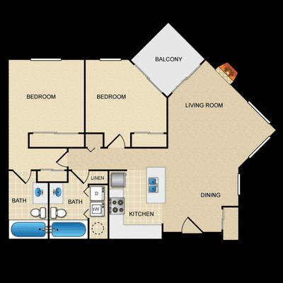 Two Bedroom, Two Bathroom, 980 sq. ft.