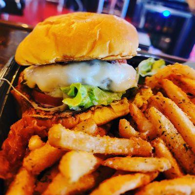 Bacon explosion burger and truffle fries