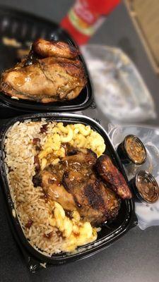 2 1/2 jerk chickens with rice & peas along with Mac & cheese.