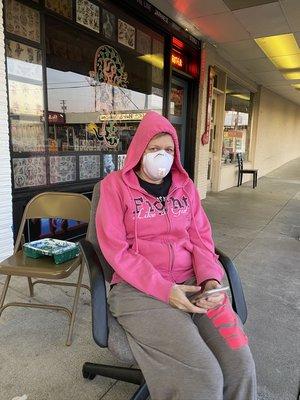 My girl Tracy sporting her mask during shut down on break from painting shop