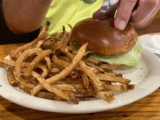 Fresh cut fries and a cheeseburger