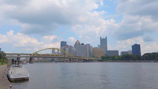 View of Fort Duquesne Bridge and Pittsburgh skyline from North Shore Riverfront Park at 8 minutes drive to the northeast of ProLink Staffing