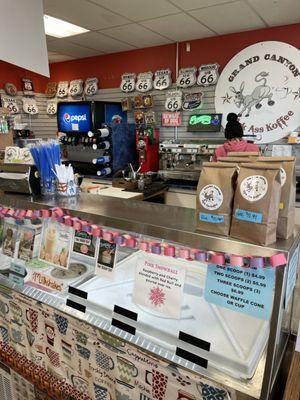 Ice cream & coffee bar. Full & proper espresso maker