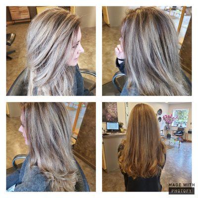 I warmed up a medium ash brown with 40% gray to have a rich warm base with high and low lights throughout. #SalonMasoero