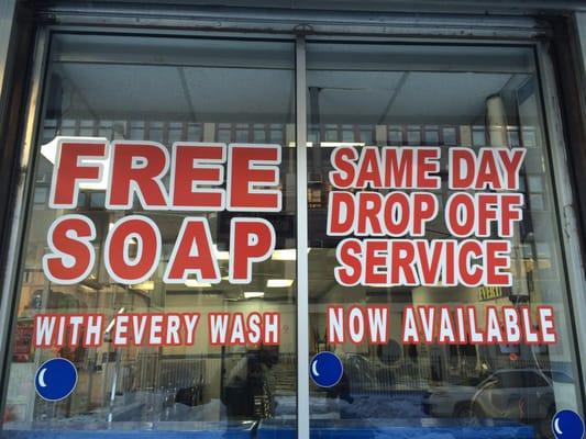 We offer free soap with every wash. We also have a summer special .25 off every washer machine you us. The lowest price in the Bronx