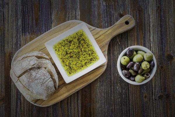 We use our own spice blend with top quality olive oil for our dipping bread. Pick some up in the store!