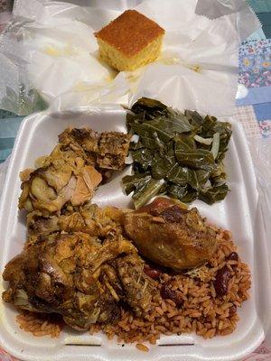 Curry chicken, peas & rice, collards