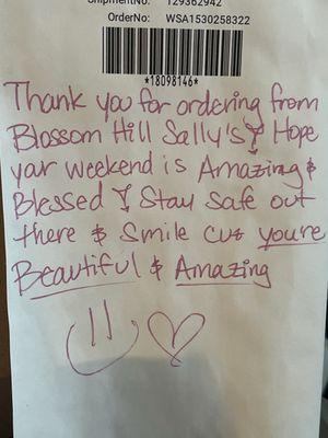 This beautiful note was attached to my delivery order and it made my day