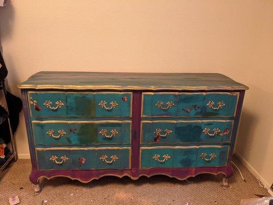 Custom painted vintage dresser delivered by LGX Transport.