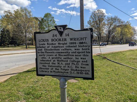 Louis Booker Wright Historical Marker, Greenwood