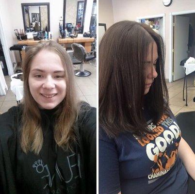 Before and after of cut, color, and lowlights.