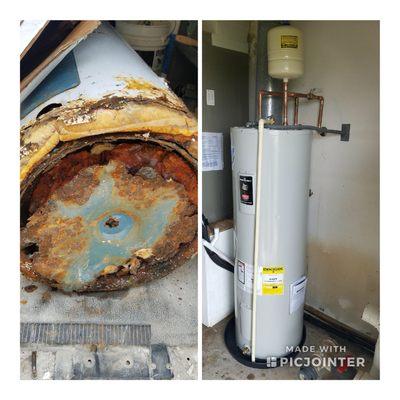 Water heater blew out, we replaced it. Before/after photo