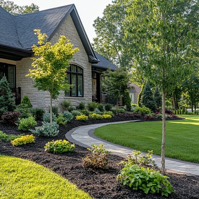 Front yard garden and flowerbed restoration. New mulch, trees, shrubs, and a stone paver path.