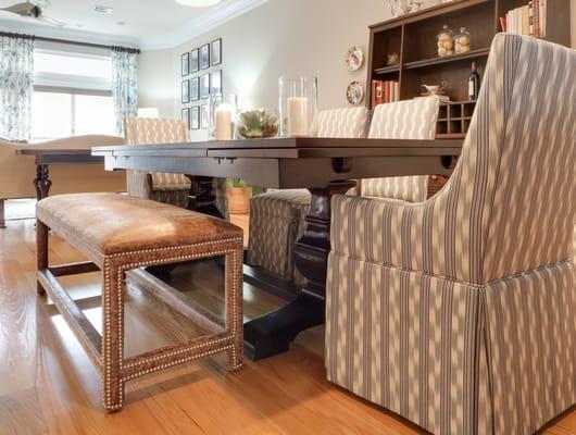 Dining room table with bench and upholstered chairs