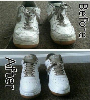 This is a before and after photo of a pair of nike air forces. 
- Deep Clean
- Re-shape 
- Re paint