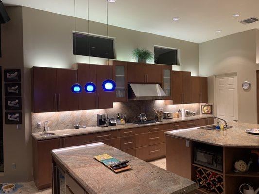 Kitchen under cabinet lighting, Valance lighting and pendant lighting.