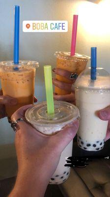 Milk tea iced boba, Thai tea iced boba, and mango blended boba.