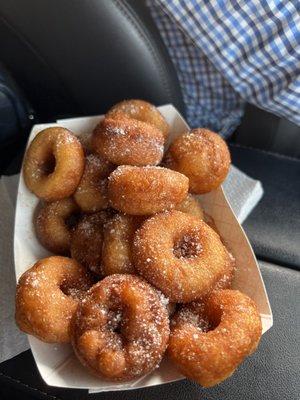 Mini donuts w/ the works; powdered sugar, cinnamon, and cream cheese glaze on the side