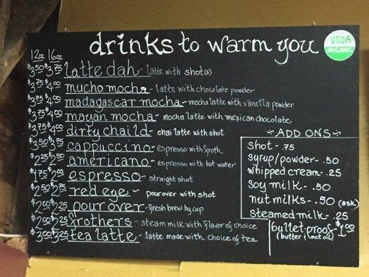 Coffee menu