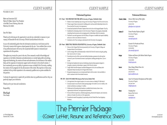 Combination Package: Cover Letter, Resume, and Reference Sheet.