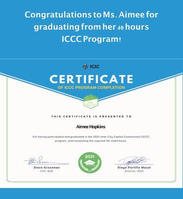 Ms Aimee completed 40 credit hrs "MBA on steroids" small biz program with ICCC extensive  practical biz for artist entrepreneurs. Congrats!