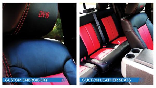 Custom Front and Rear Black and Red Leather Upgrade with Embroidery