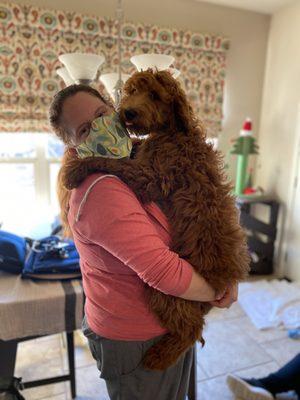 Dr. Pankonien playing with Lola. Lola was seen for a wellness exam.